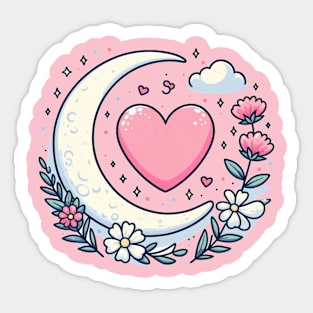 Moon, heart and flowers Sticker